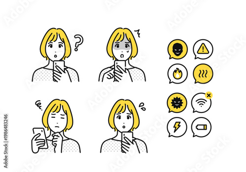スマートフォンを持つ30代女性とスマホトラブルの通知アイコンセット
