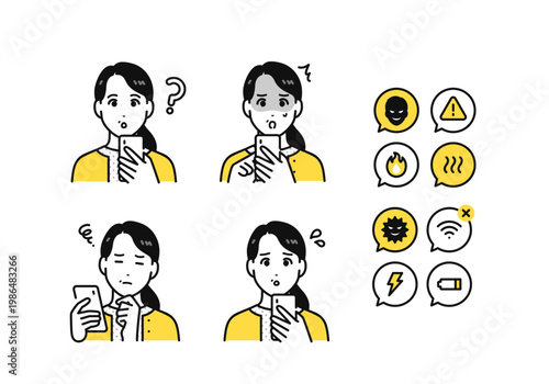 スマートフォンを持つミドル女性とスマホトラブルの通知アイコンセット