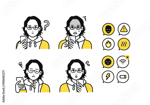 スマートフォンを持つパーカー姿のカジュアルな男性とスマホトラブルの通知アイコンセット