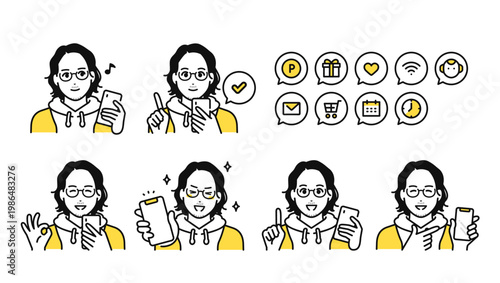 スマートフォンを持つパーカー姿のカジュアルな男性と通知アイコンセット