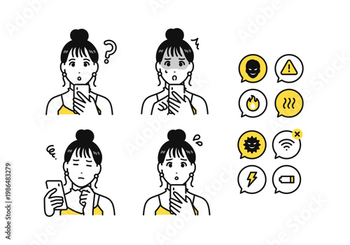 スマートフォンを持つ女子大学生とスマホトラブルの通知アイコンセット