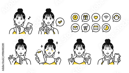 スマートフォンを見る女子大学生と通知アイコンセット