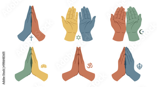 Set of praying hands vector in different religious styles with symbols, isolated on white background.