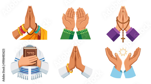 Set of praying hands vector in different religious styles with symbols, isolated on white background.