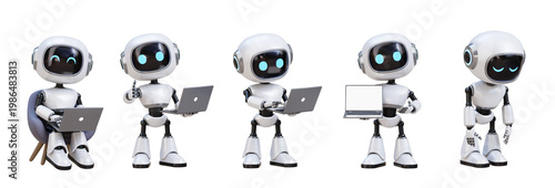 Cute white robot with blue eyes using laptops in various poses. 3D render. backg