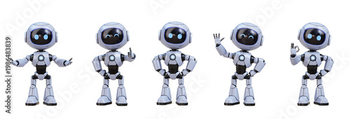 Cute cartoon robot character with blue eyes in various poses and gestures. 3D render