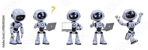 Collection of Cute White Robots Showing Different Poses and Actions with Technology
