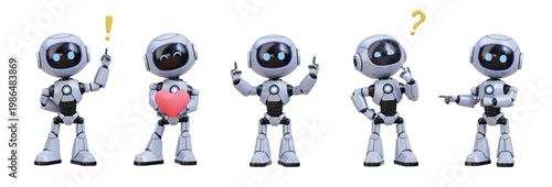 Cute stylized robots displaying various emotions and gestures.. 3D re