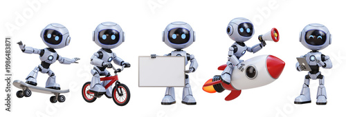 Cute white robots engaged in various activities skateboarding. riding bicycle. holding sign. ridi