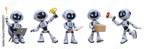 Cute robot characters in various actions. holding a laptop. trophy. book. box. and megaphone