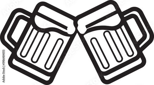 A black and white illustration of two beer mugs clinking together