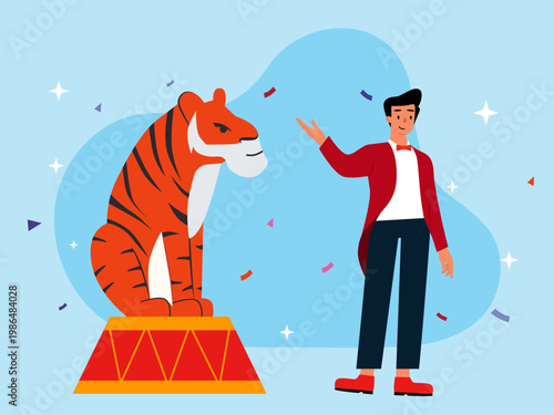 Tiger tamer show at a circus. Circus illustrations. Flat vector concepts.