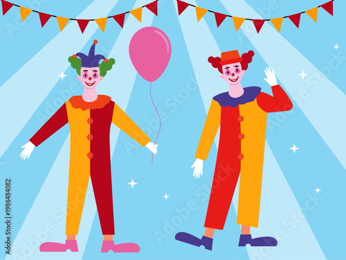 Two happy clowns dressed in colorful costumes at a circus party. Circus illustrations. Flat vector concepts.