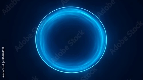 Glowing Blue Circle on Dark Background with Abstract Light Ring, Neon Halo, Copyspace, Soft Light, Blue Purple Gradient for Modern Technology Design