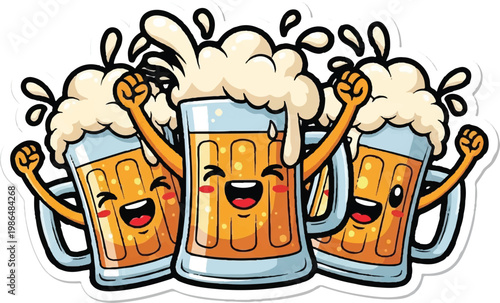 Three cartoon beer mugs with smiling faces and raised arms celebrating