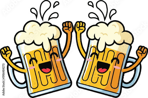 Two cartoon beer glasses with smiling faces and raised arms in celebration