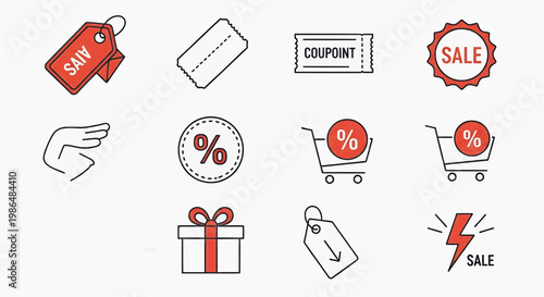 Discount icons and symbols for shopping and sales are displayed