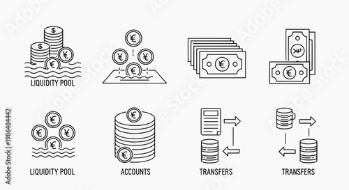 Financial icons depicting liquidity, accounts, and transfers in a business setting with various symbols