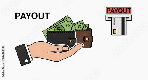 A hand holding a wallet and cash next to an ATM payout machine.