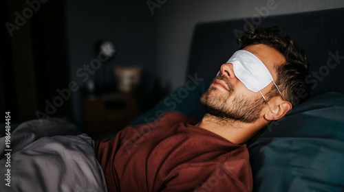 Adult male sleep mask bedroom resting sleep nighttime relaxation Man wearing sleep mask bedroom, resting bed night, calm mood