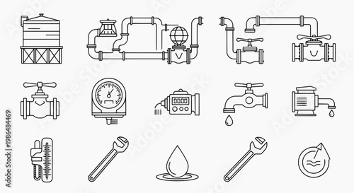 An illustration of various industrial water pipeline components and tools are shown.