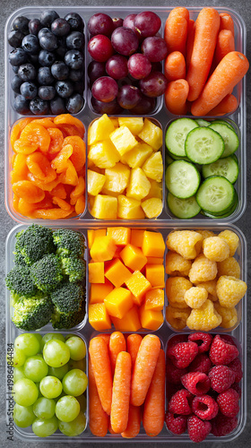 Fresh fruit vegetable snack box meal prep healthy food container colorful produce assortment for easy lunch, fresh and vibrant