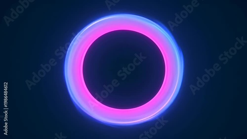 Neon ring on dark blue background with glowing pink and blue light, abstract circle shape and centered halo effect for modern digital design copy space