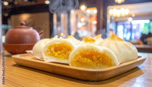 Soft Golden Steamed Custard Buns Showing Rich Yolk Filling on Wooden Tray