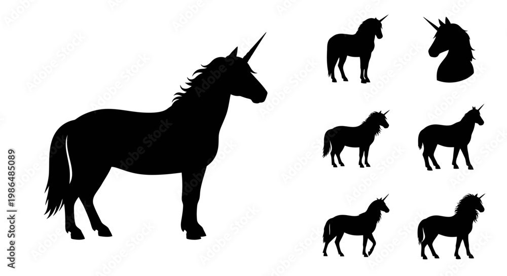Obraz premium Silhouette Illustrations of a Majestic Unicorn in Various Poses and Angles