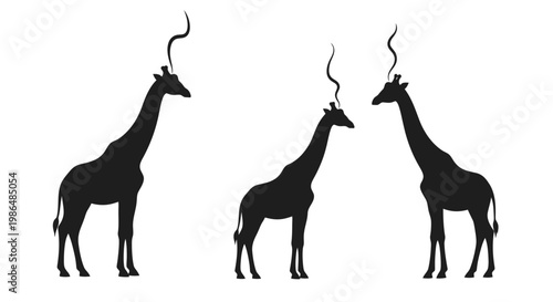 Three Silhouettes of Giraffes with Curly Antennae or Horns Standing Against a White Background