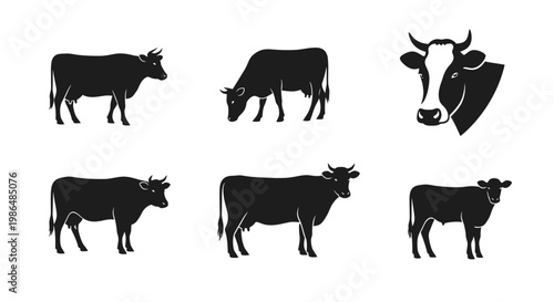 Collection of diverse cattle silhouettes, illustrating various breeds and forms of farm animals, perfect for agricultural design and dairy industry visuals