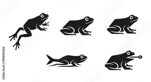 Five different black silhouette icons of frogs in various action poses on a white background