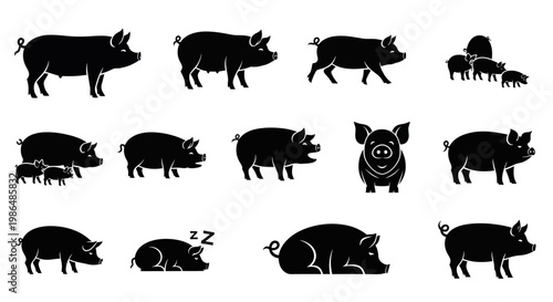Collection of Pig Silhouettes in Various Poses and Activities, Illustrating Different Aspects of Swine Behavior and Farm Life