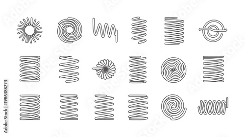Collection of various spring shapes and forms in outline style coil spiral helix