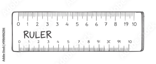 Hand drawn dark grey ruler with measurement markings and numbers scale