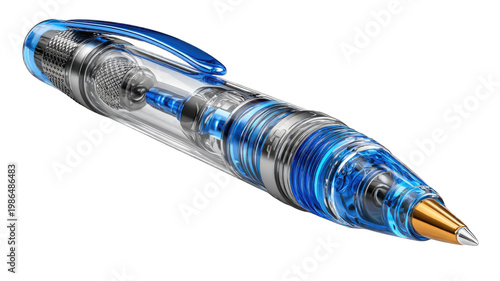 A transparent pen with blue ink and metallic details is displayed isolated on transparent background