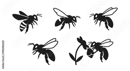 Collection of stylized black and white vector bee illustrations, depicting various flying and resting poses, including a bee pollinating a flower, perfect for nature themes