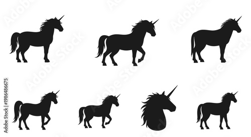 Set of six stylized black silhouettes of unicorns in different poses against a white background, perfect for fantasy designs and magical illustrations