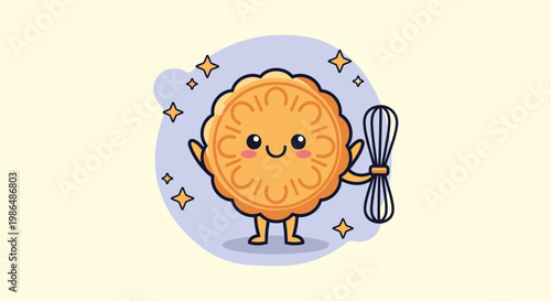 Cute Cartoon Orange Puffball Character Holding Parachute.