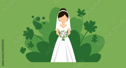 Illustration of a bride in a white gown holding a bouquet, standing amidst stylized garden greenery on a vibrant green background