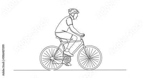 Minimalist line illustration of an elderly man cycling on a bicycle with a helmet, showcasing simple, clean lines and a white background