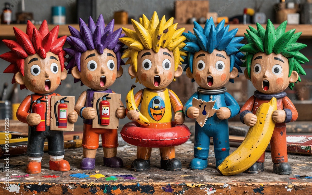 Fototapeta premium Five colorful cartoon figurines with spiky hair stand on a