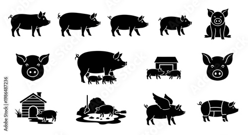 Versatile Collection of Pig Silhouettes A Comprehensive Set of Farm Animal Icons for Design and Agricultural Concepts
