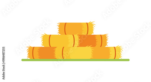 Illustration of hay bales neatly stacked in a pyramid formation on a green base, against a simple white background