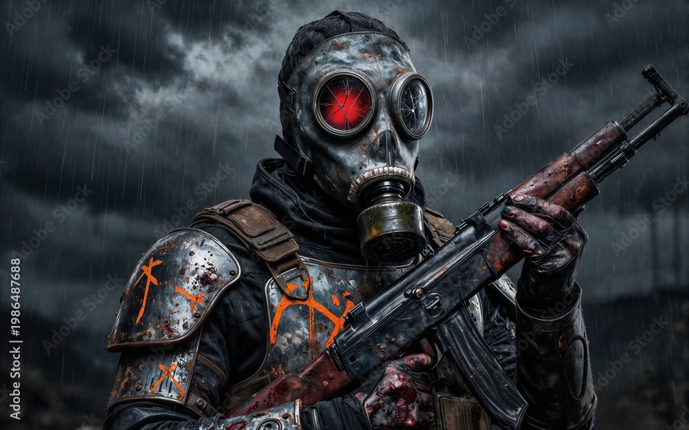 Naklejka premium Rusted soldier in gas mask wielding guns under stormy rain.