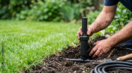 Gardener installing pop up sprinkler head in residential lawn. Man repairing irrigation system in garden soil. Professional landscaping service, water saving technology and farming maintenance.