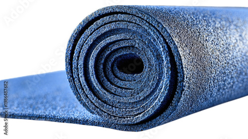 A blue textured exercise mat is neatly rolled up and positioned isolated on transparent background