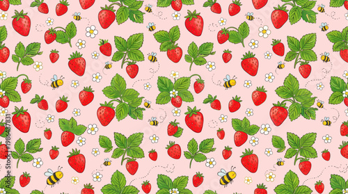 Cute Strawberry Seamless Pattern with Flowers and Bees on Pink Background