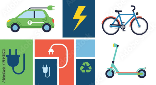 Eco-Friendly Transportation Icon Set: Electric Car, E-Scooter, Bicycle, and Green Energy Symbols for Sustainable Living Concept.