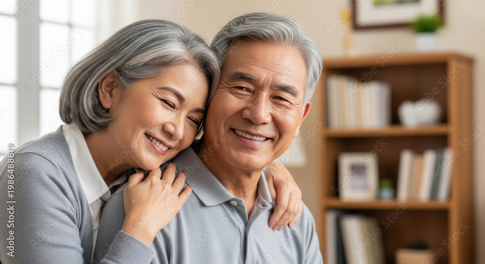 Obraz premium Happy Senior Asian Couple Smiling and Embracing at Home